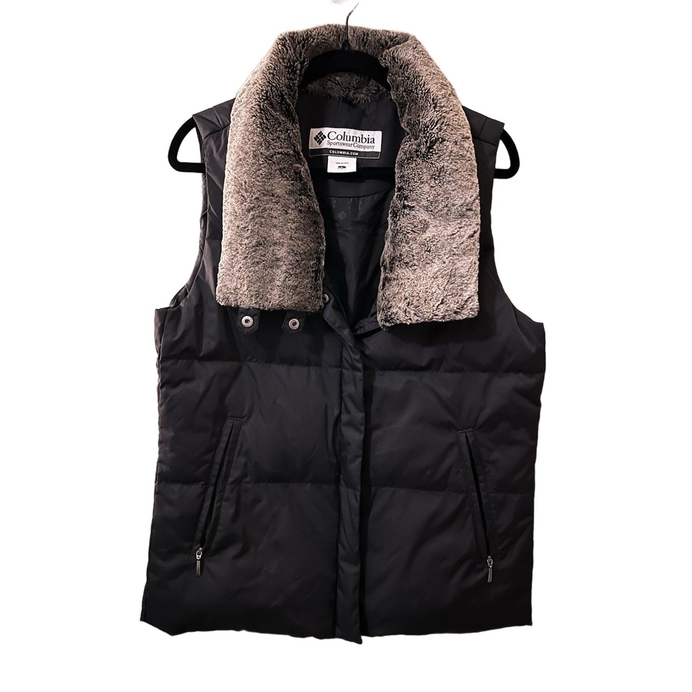 Columbia Black Down Puffer Vest w/ Faux Fur Collar Feather Womens Large